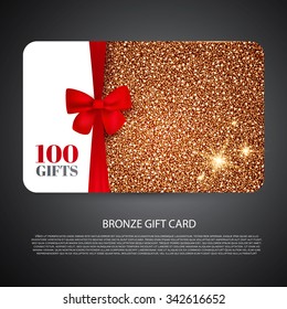 Bronze Gift Coupon, Gift Card. Discount Card, business card) with Bow. Holiday Background for Invitation. Vector illustration
