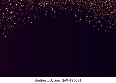 Bronze glitter background. Shimmer spray effect for Christmas celebration banners. Shiny confetti, stardust light powder texture. Festive particles isolated on dark background. Vector illustration.