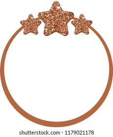 Bronze Glitter Circle Frame. Banner with stars from bronze sparkles, glitter and white paper sticker with space for text and shadow. Vector illustration.