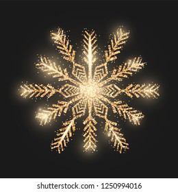 Bronze glitter snowflake isolated on black background. Christmas and New year concept. Vector illustration