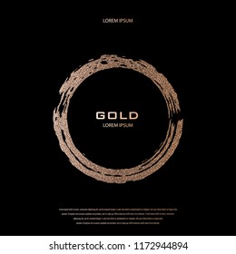Bronze glitter, sparkles pattern. Copper frame on a black background. Patina, golden quartz circle. Luxury border, logo design element. Hand drawn, rose shape vector Illustration. Blush gold round.