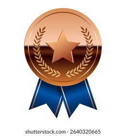Bronze glossy mirror medal with blue ribbons and star for sport and games