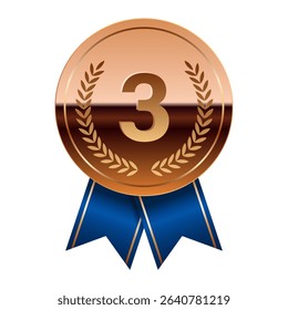 Bronze glossy mirror medal with blue ribbons for sport and games
