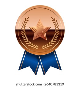 Bronze glossy mirror medal with blue ribbons and star for sport and games