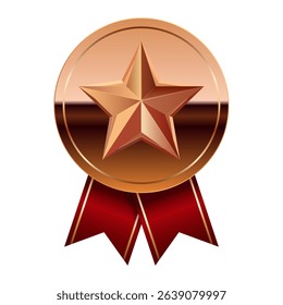 Bronze glossy mirror medal with red ribbons and star for sport and games