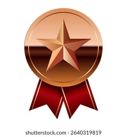 Bronze glossy mirror medal with red ribbons and star for sport and games