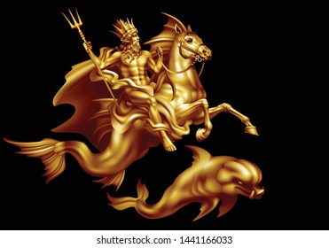 Bronze god of the seas Poseidon riding a hippocampus and a dolphin on a black background