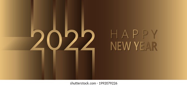 Dorado de bronce 2022 Feliz Año Nuevo con líneas de textura de gradiente de aluminio premium fondo oscuro. Diseño rico festivo para tarjeta de vacaciones, invitación, afiche del calendario. Feliz 2022, texto de Año Nuevo sobre marrón