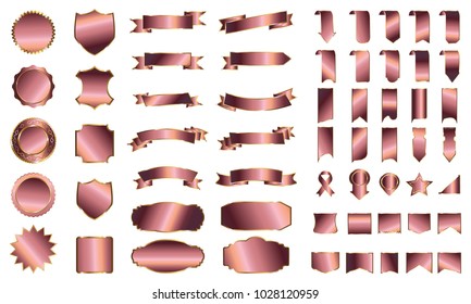Bronze gold banner ribbon label vector set background with isolated fancy badge vintage sticker and decorative border icon for frame. Festive colorful tag design award of gift illustration collection