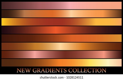 Bronze gold gradient set background vector icon texture metallic illustration for frame, ribbon, banner, coin and label. Realistic abstract golden design seamless pattern. Elegant light shine template