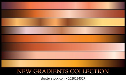 Bronze gold gradient set background vector icon texture metallic illustration for frame, ribbon, banner, coin and label. Realistic abstract golden design seamless pattern. Elegant light shine template