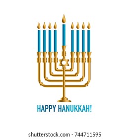 Bronze Hanukkah menorah with burning candles. Holiday greeting card concept. Retro instagram style jewish traditional candleholder