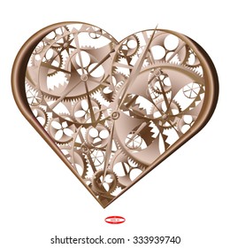 bronze heart with brown clock work of love isolated on white background. vector illustration