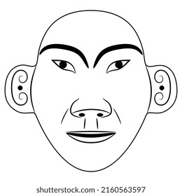 Bronze human mask from ancient China. Shang Dynasty. Stylized face of a lop eared man. Black and white linear silhouette.
