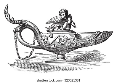 Bronze lamp of the Naples Museum, vintage engraved illustration.
