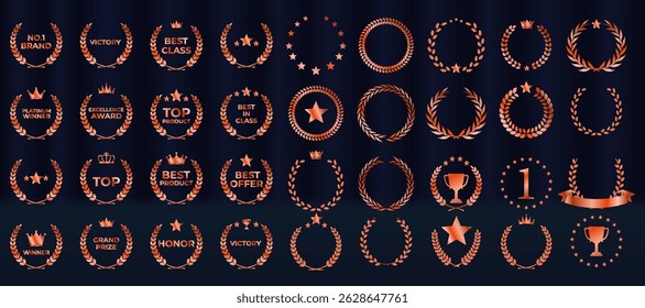 Bronze laurel wreath symbolizes first place and achievement. Award badge design fits certificates and prize medals. Elegant leaf crown glows on black premium background. Vector set