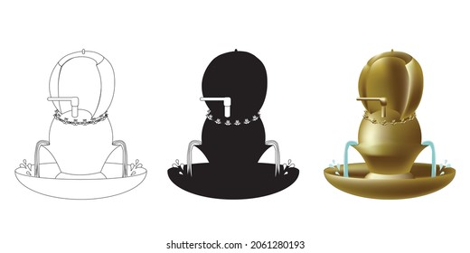 The Bronze laver of the Tabernacle and its base. Water tank on sink. One of the ancient Jewish bible Temple vessels in Jerusalem. Vector icon painting for coloring, color and black silhouette. 