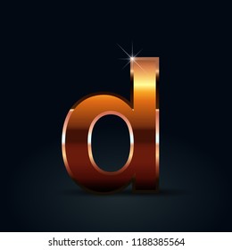 Bronze letter D lowercase. Bronze glossy vector font isolated on black background