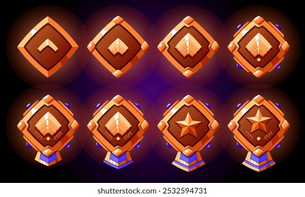 Bronze level rank symbols pack. Realistic vector with stars and ribbon. Military badges patent for games. Gemstones, ribbon and star.