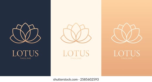 Bronze line lotus flower logotype. Set with three variants in different colors. Logo creating and branding design.