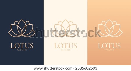 Bronze line lotus flower logotype. Set with three variants in different colors. Logo creating and branding design.