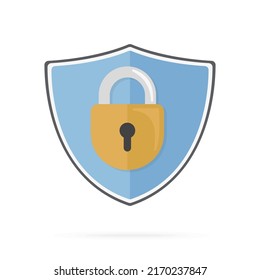 Bronze lock on a blue shield on a white background. Flat design illustration. Vector graphics