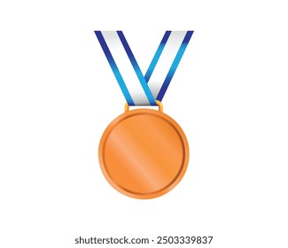 Medalla de bronce. Medalla del tercer lugar. Deporte y elemento campeón. Medalla de premios de campeón y ganador con cinta azul