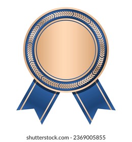 Bronze medal with blue ribbon. Bronze badge with blue ribbon. Blank bronze medal. Champion and winner awards sports medal. Vector illustration