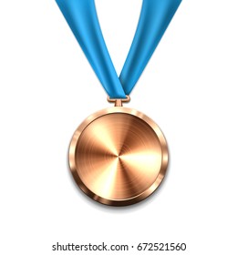 Bronze medal with blue ribbon. Metallic winner award. Vector illustration.