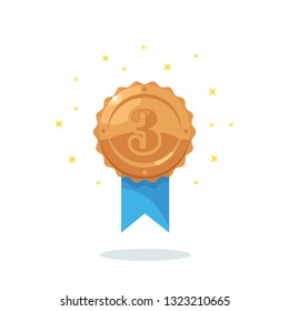 Bronze medal with blue ribbon for third place. Trophy, winner award isolated on white background. Badge icon. Sport, business achievement, victory concept. Vector flat design