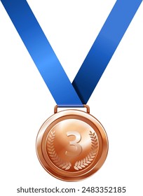 Bronze medal with a blue ribbon for third place