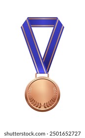 Bronze medal with blue ribbon third place vector illustration. Realistic isolated trophy medal with metal reward badge for winners and champions.