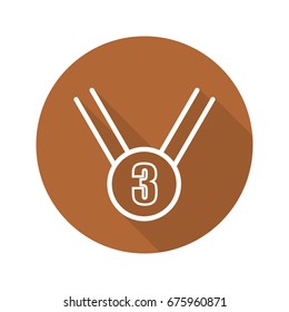 Bronze medal flat linear long shadow icon. 3rd place medal. Vector outline symbol