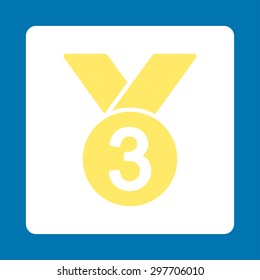 Bronze medal icon from Award Buttons OverColor Set. Icon style is yellow and white colors, flat rounded square button, blue background.