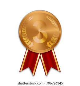 Bronze medal with laurel wreath. Isolated vector illustration. Red ribbon with golden stripes. Winner sport happiness present wining first number one retro glow design blank award trophy competition