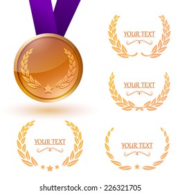 Bronze medal and laurel wreaths collection on white background.