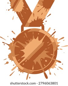 Bronze medal with mud splatters, dirty third place sports award vector, messy bronze trophy for extreme obstacle course racing and mud runs