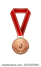 Bronze medal with number place third and red ribbon vector illustration. Realistic isolated trophy medal with metal reward badge for winners and champions.