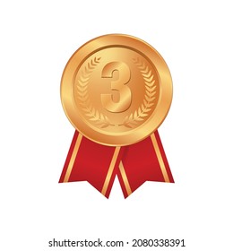 Bronze medal with number and red Ribbon. eps 10 Vector Illustration.