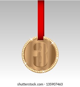 bronze medal with the number three on red tape