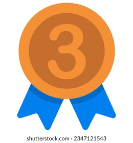 Bronze medal with number three vector icon. Silver prize or award with ribbon 2D vector illustration on white background. 3nd prizes in competition