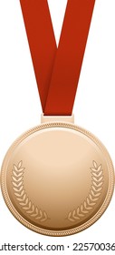 Bronze medal on red ribbon. Realistic award mockup