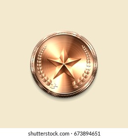 Bronze medal on a white background. Metallic winner award. Vector illustration.