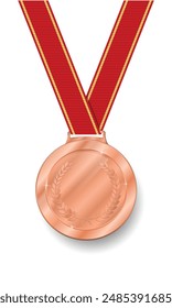 Medalla de bronce Realista brillante con cinta roja. tercer lugar Trofeo de bronce con corona de laurel. moneda de plata brillante Premio en el deporte para el 3er lugar en la Ilustración vectorial de competición aislado en blanco 