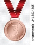 Bronze medal. Bronze medal with red ribbon. Design winner golden medal prize. Champion winner award medal