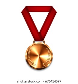 Bronze medal with red ribbon. Metallic winner award. Vector illustration.