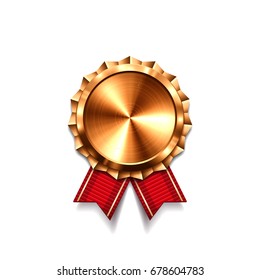 Bronze medal with red ribbon. Metallic winner award. Vector illustration.