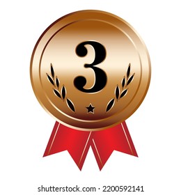 Bronze medal with red ribbon third place, Vector 3D bronze badge with bronze gradation realistic style