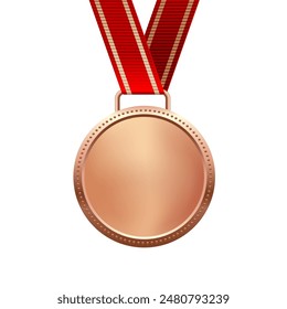 Bronze medal with red ribbon third place vector illustration. Realistic isolated trophy medal with metal reward badge for winners and champions.
