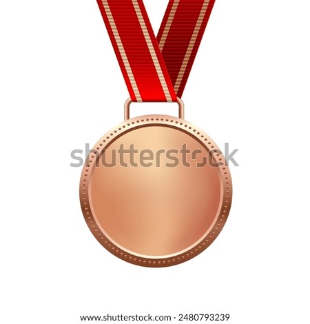 Bronze medal with red ribbon third place vector illustration. Realistic isolated trophy medal with metal reward badge for winners and champions.